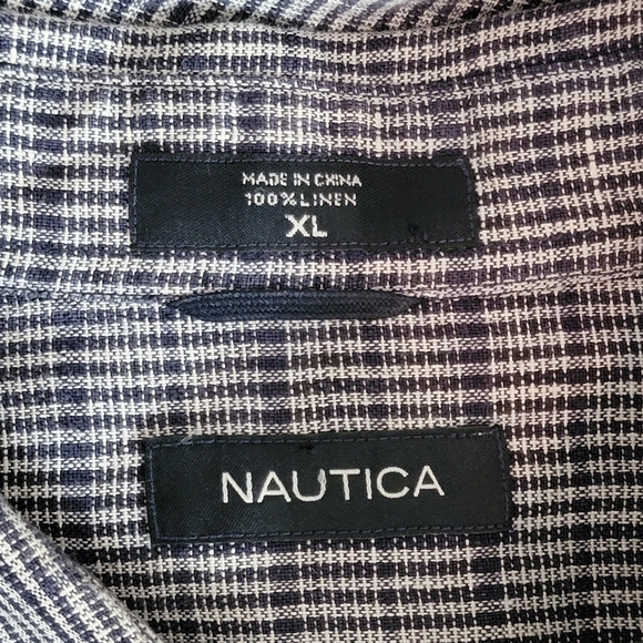 Nautica Shirt Mens XL Blue Striped 100% Linen Short Sleeve with Pocket - Picture 9 of 10